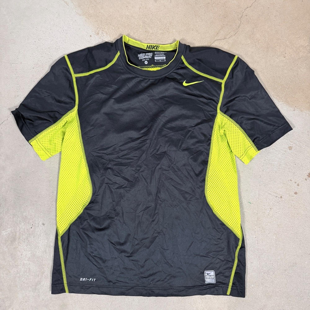 Nike Pro Combat Dri Fit Mens M Fitted Short Sleeve Athletic T Shirt Black Neon
